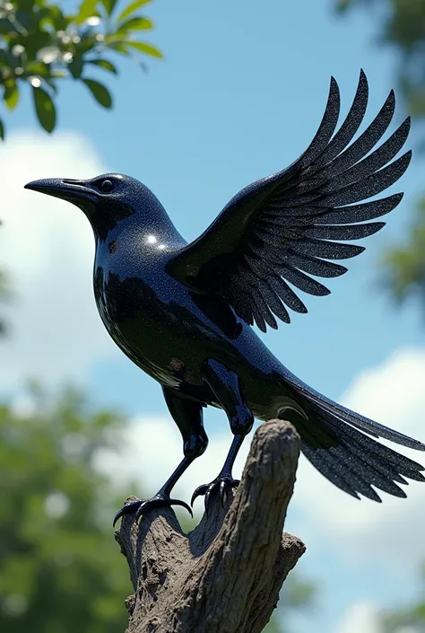 A hyper-realistic image of a raven crafted entirely from glass, its surface sparkling with black glitters. The bird is captured ...