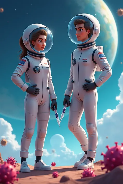 i want to create a world where planets are viruses and there are two female and male medical characters with a pixar-like style,...