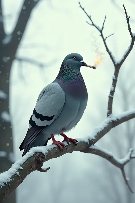 gray pigeon on a tree branch on a winter day smoking a cigarette