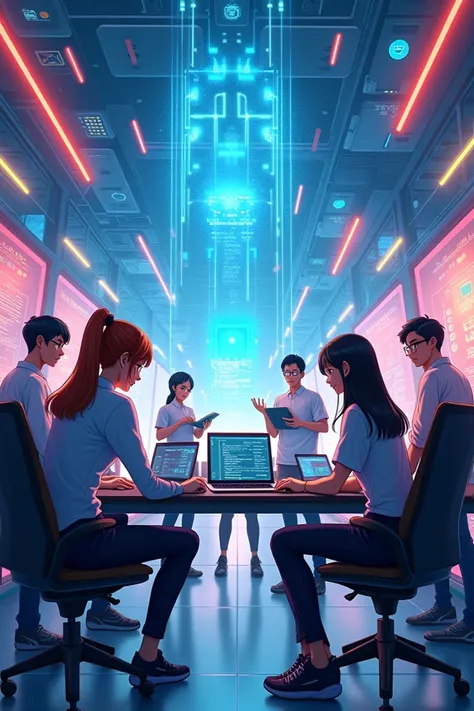 a picture that shows team spirit and is based on future-oriented work 
in the informatik area with creativityanime,