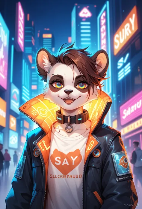 a whimsical anime-style illustration of a panda holding a cat in a futuristic cyberpunk setting. the panda is wearing a glowing ...