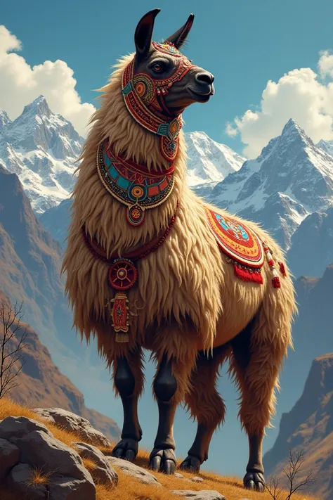 Generate a drawing of an Andean animal llama that looks like the indigenous historical figure Túpac Katari to paint on a jacket