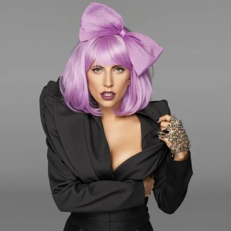 lady gaga with purple hair and a bow on her head, um retrato de wayne england, instagram, pop art, lady gaga, portrait of lady g...