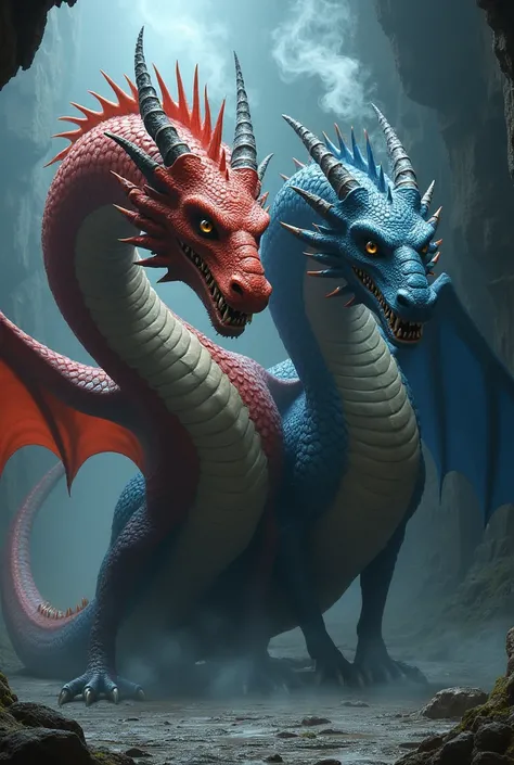 a huge dragon with two different colored heads, 8k, realismo dungeons e dragons.