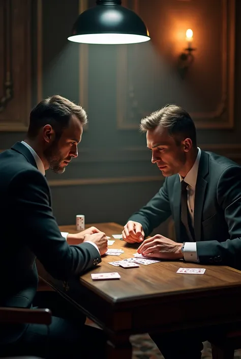two men playing poker in a dark room one of them is winning