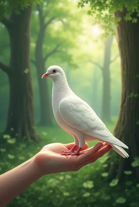 create a white pigeon on top of a hand in the forest