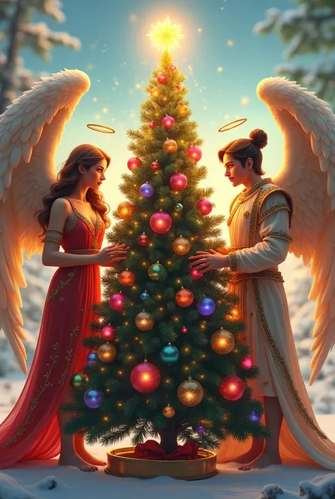 christmas tree with spheres and lights of many colors, on each side an angel ,  one with the name uriel and the other with the n...