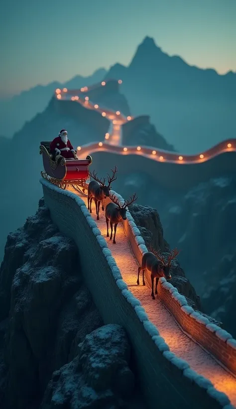 santa's smallest sleigh with his reindeer ever flying at night along the small great wall of china, tilt shift, analog photo, fa...