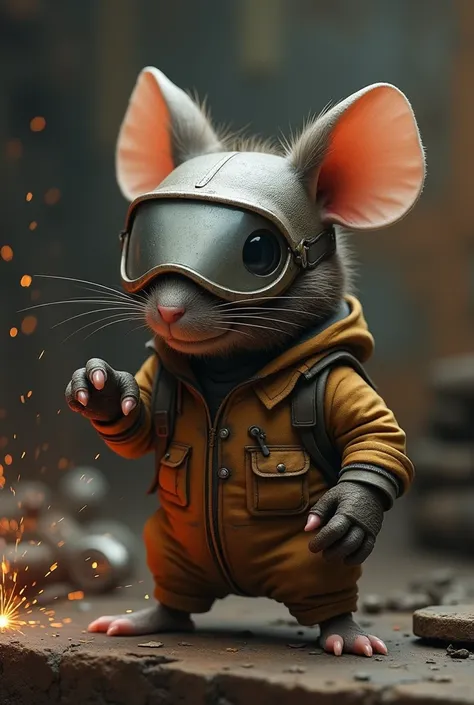 a mouse with a welder's mask covering his head and suit