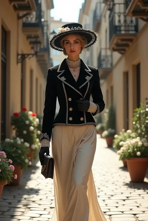 a sophisticated european woman from the early 20th century strolls gracefully through a cobblestone street of a charming old tow...