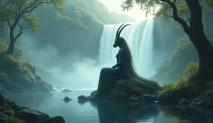 heavy fog , shadow of a woman with a goat's head with very long hair sitting on a rock in the lake with a waterfall and fantasti...