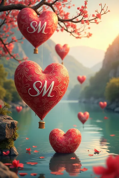 create an image of beautiful hearts in thi most beautiful place in world and write on heart s m in stylish and uniquely word.hap...