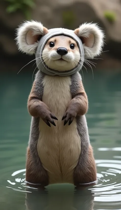 real otter　 standing on two legs facing the front wearing a koala costume　1 person　background on water