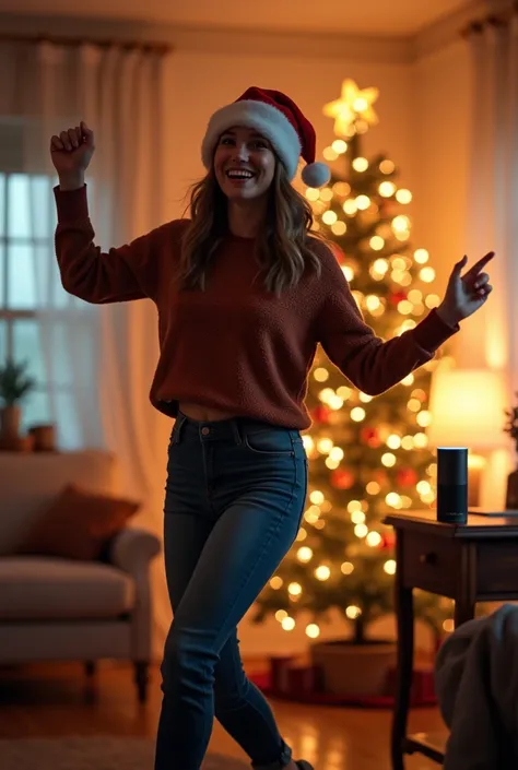 a young lady dancing in the living room with a santa claus hat on her head with an alexa on the table near her and a christmas t...