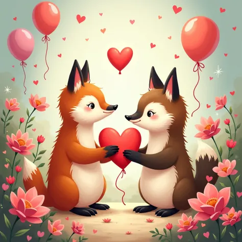 "illustrate a valentine's day card featuring a pair of adorable animals, such as foxes or penguins, exchanging heart-shaped gift...