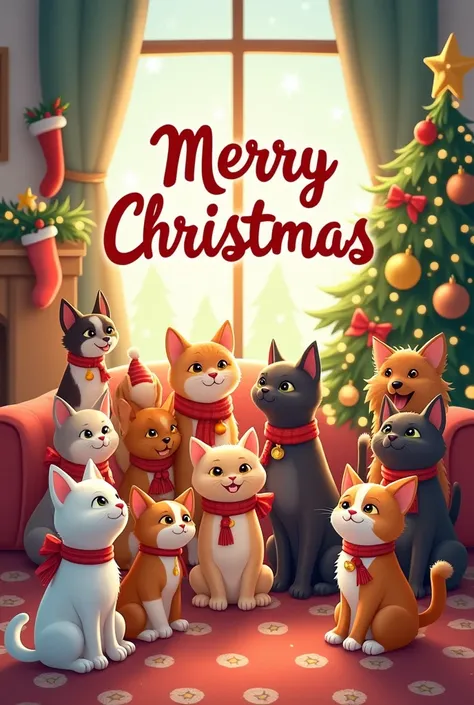 beautiful christmas with cats and dogs,  big name  "merry christmas" in the center,  cartoon