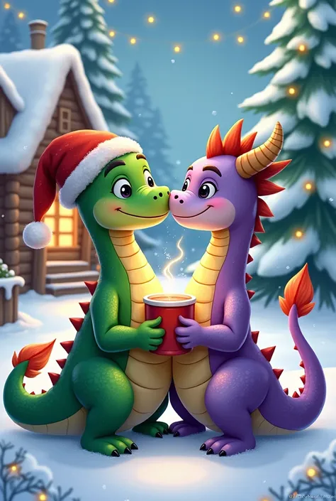 Make me a funny Christmas picture with a male green dragon and a female purple dragon. For couples.