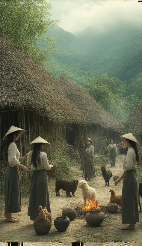 "a realistically vivid ancient vietnamese village set in the van lang - au lac period, surrounded by lush mountains and dense tr...