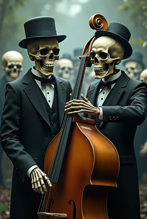 skulls with , ties,  jacket and hat tottoching double bass