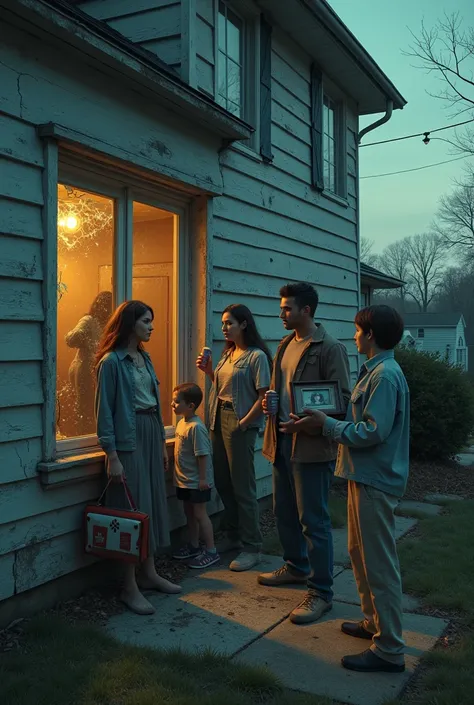 house with a broken window where there are 5 members of the family with different objects in their hands