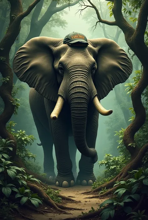 an elephant in a cap suffocating through the forest