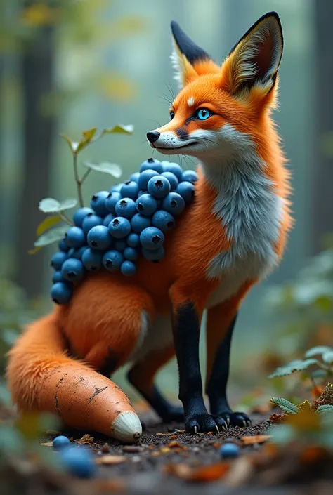 "create 32k ultra-realistic image of a dangerous hybrid fusion between a fox, blueberry, and sweet potatoes. the fox’s sleek, re...