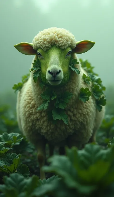 "create 32k ultra-realistic image of a dangerous hybrid fusion between a sheep, avocado, and cabbage. the sheep’s wooly body is ...