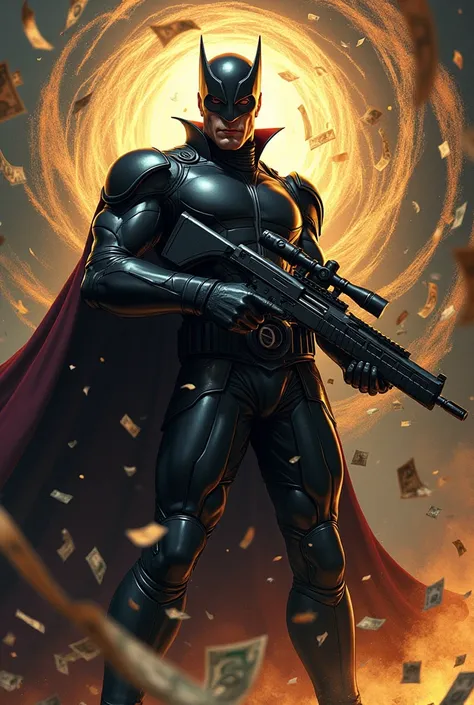 magneto character with rifle in his hand and flying money luxury