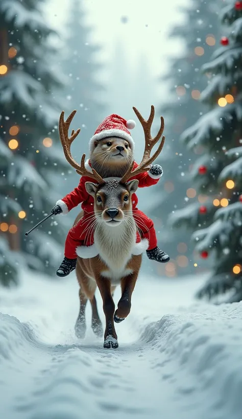 A realistic sea otter is riding on the back of a reindeer, Santa Claus Costume, and running through the snow with lots of Chris...
