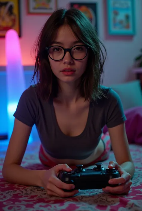 1girl, raven hair, very messy hair, eyeglasses:1.3, unique makeup style, wingtips, blush, pale skin, retro tee, converse sneaker...