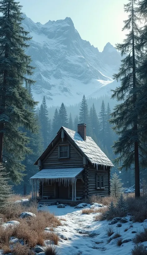 dreamlike forest with old house house in old mountains, snow fall in mountains