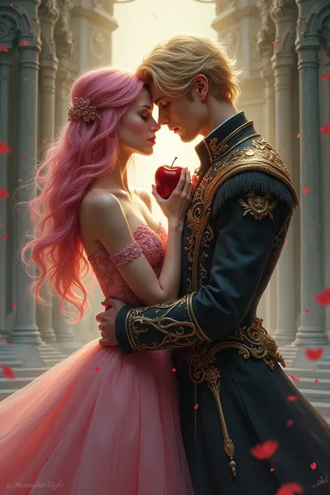 woman with long pink hair wearing a ball gown hugging a tall man that has golden blonde hair while wearing fantasy men’s clothin...