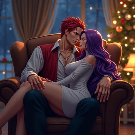 red short hair man that looks like shanks from one piece and woman with purple long hair, he is sitted on a armchair and she's s...