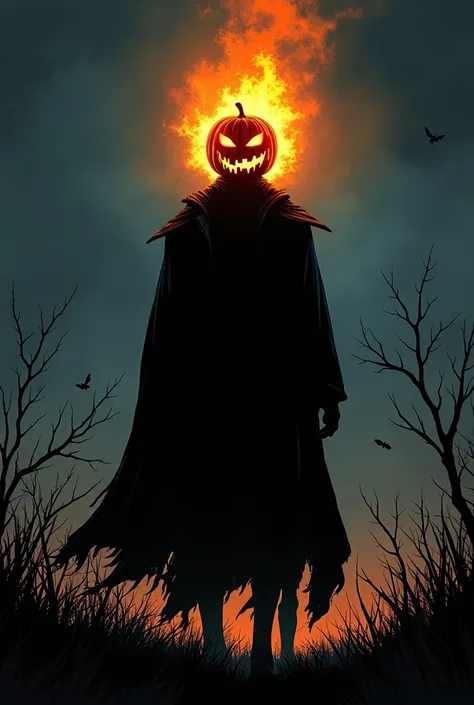 ( comic),(hq), the silhouette of a headless horseman holding a flaming pumpkin in place of his head.