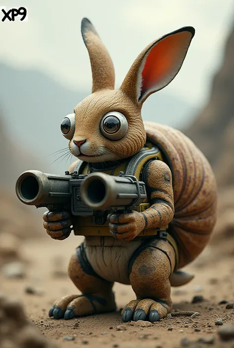 A hare with two m61-vulcans .  With snail eyes instead of ears.  With snail shell on the back .  post-apocalyptic background . X...