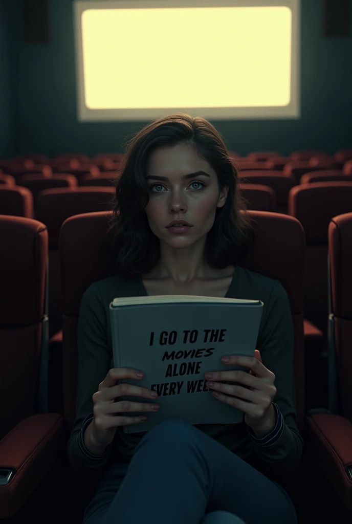 create an image of a woman sitting at the cinema looking at the screen. written on the cover: i go to the movies alone every wee...