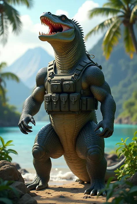 a muscular komodo dragon in soldier gear, flexing near tropical islands. |