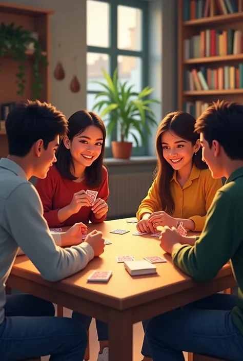 four young chilean university students playing bridge and having fun