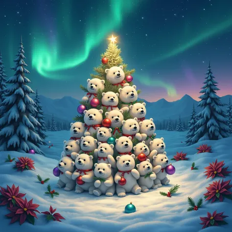 “A festive and magical nighttime winter scene featuring a Christmas tree made entirely from adorable polar bear cubs, arranged t...