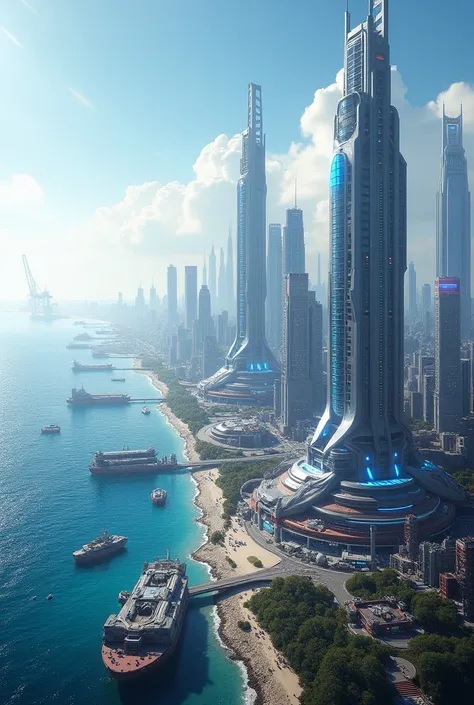 a coastal city, located near a mega port, futuristic style