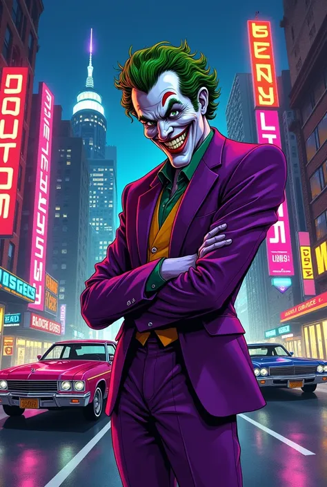 make a drawing with the joker from batman from the 60s comic style with neon colors with the city in the retro style background