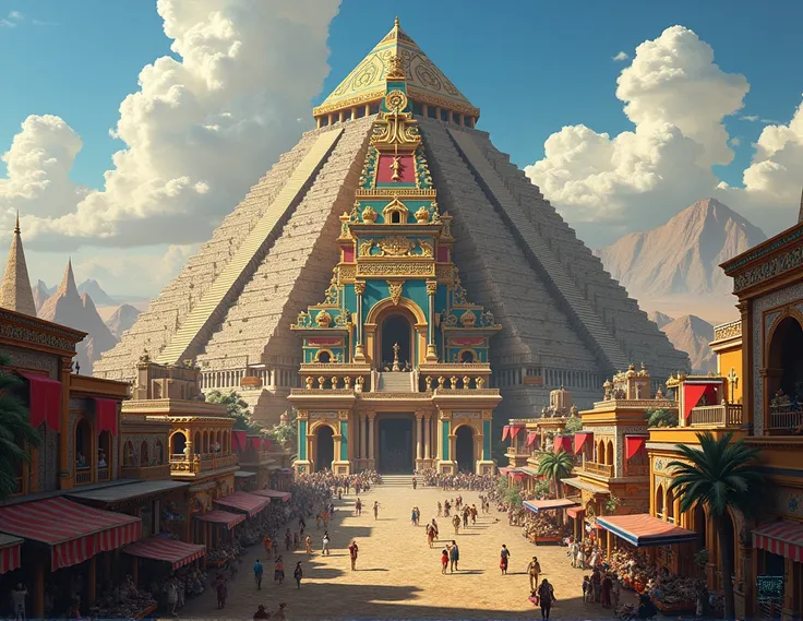 dark medieval fantasy, colourful  babylonian-egyptian-aztec city in desert plateau, colourful babylonianstep pyramid with aztec ...