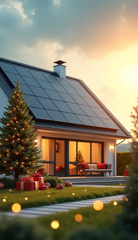 A modern house with solar panels on the roof , surrounded by a light and elegant Christmas decoration . The background is ill...