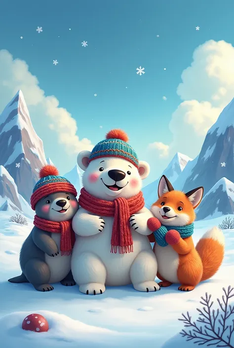 animals at the north pole with scarves and gloves