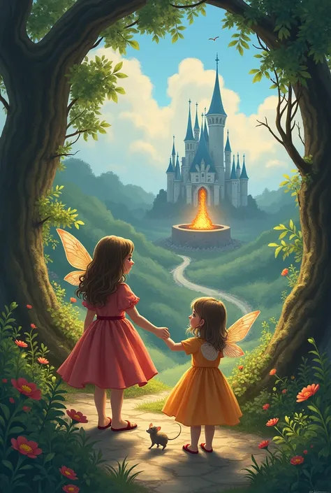 two girls with a fairy and a mouse on a path looking at a well in the distance with fire coming out of the well and with a castl...