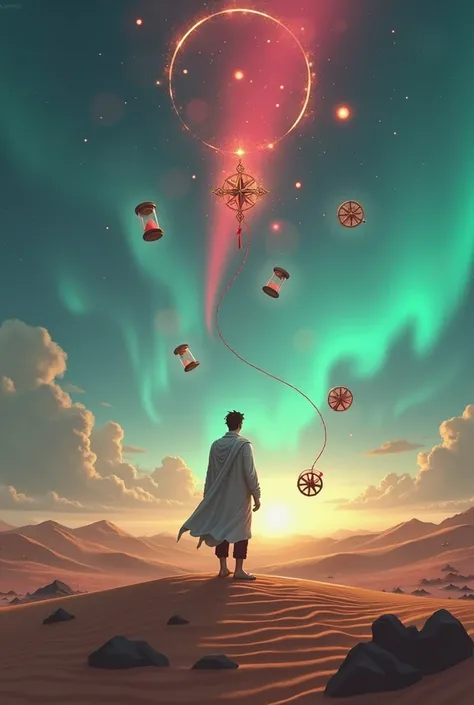 man in the middle of the desert ,  in the sky an aurora borealis and around the man hovering compasses and hourglasses ,  and fr...