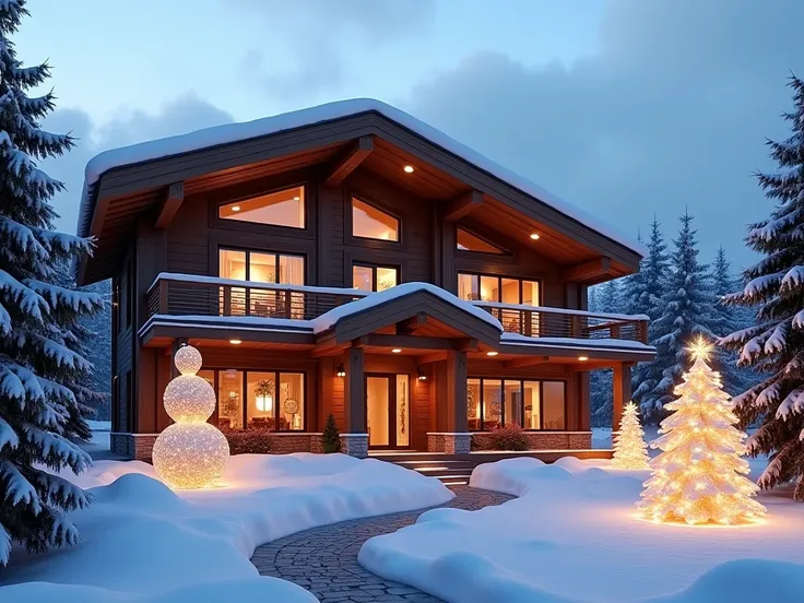 Generate images of a modern and luxurious two-story house made of wood like a chalet. It is in the middle of the snow with sever...