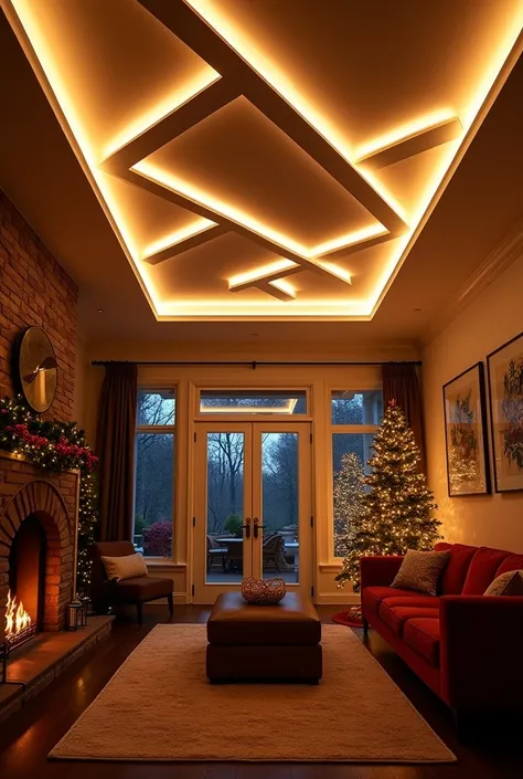 geometry pattern of christmas home interior ceiling decoration using strip lights