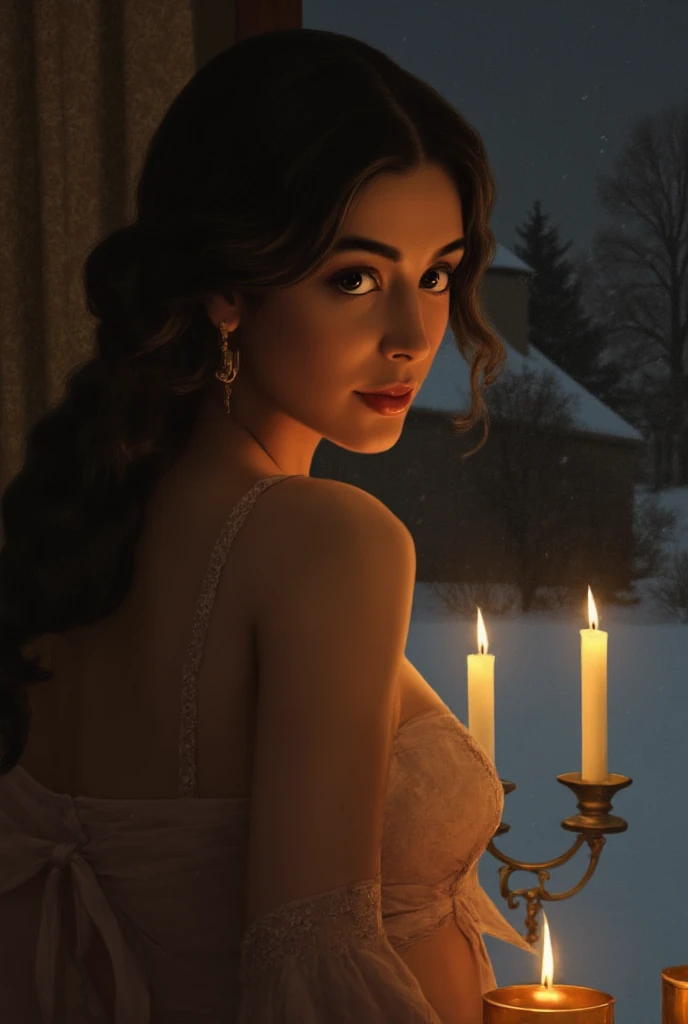 a beautiful woman in a winter night scene, looking over her shoulder with a soft, alluring gaze, warm candlelight illuminating h...