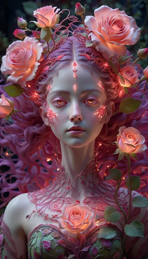 "a hyper-realistic and mystical portrayal of a female figure inspired by roses, with glowing pinkish-red eyes and intricate, lum...